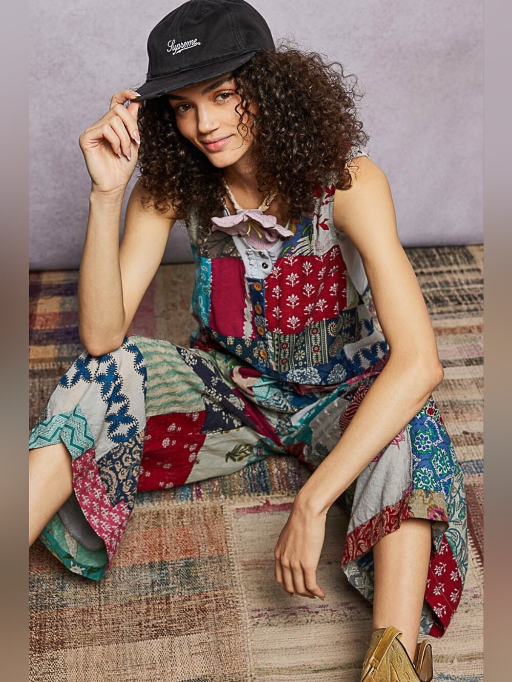 1-0509 POL Patchwork Cotton Loose Fit Light Weight Jumpsuit Overalls - Picture 4 of 8